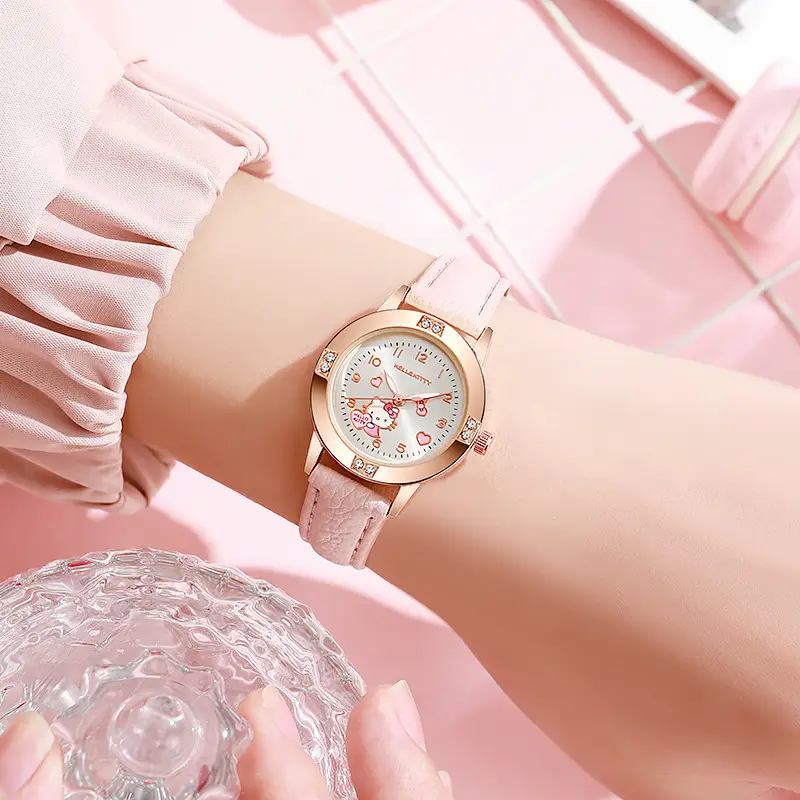 Foreign Trade Hot-Selling Rose Gold Diamond-Encrusted Leather Strap Middle School Student Watch for Women, Sanrio Quartz Watch, Cross-Border Wholesale in Stock - Image 10
