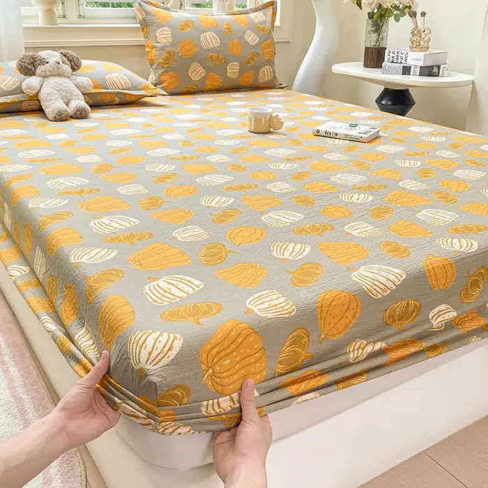 Class a Kapok Crinkled Gauze Double-Layer Gauze Fitted Sheet Mattress Protector Anti-Dirt Anti-Slip Protective Cover Single Piece Bed Cover Fitted Sheet Three-Piece Set