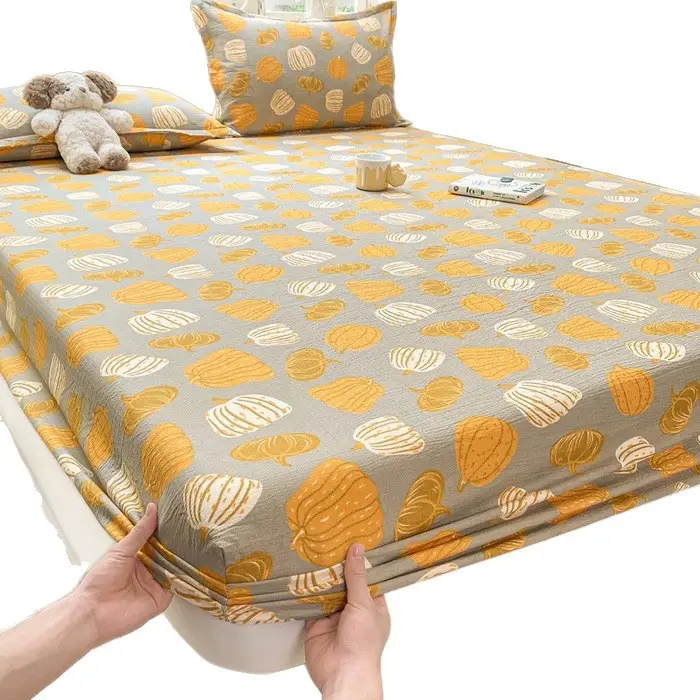 Class a Kapok Crinkled Gauze Double-Layer Gauze Fitted Sheet Mattress Protector Anti-Dirt Anti-Slip Protective Cover Single Piece Bed Cover Fitted Sheet Three-Piece Set