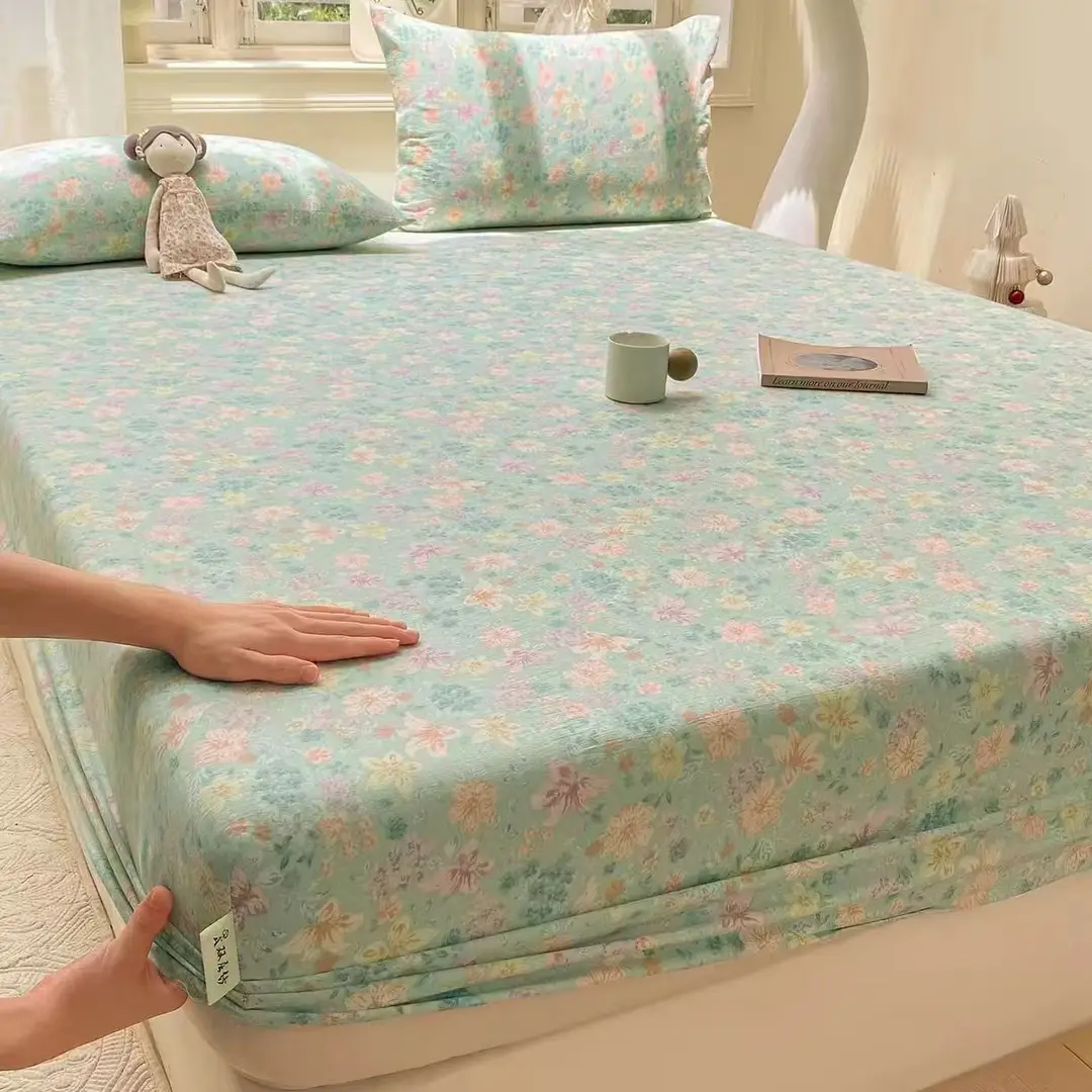 Class a Kapok Crinkled Gauze Double-Layer Gauze Fitted Sheet Mattress Protector Anti-Dirt Anti-Slip Protective Cover Single Piece Bed Cover Fitted Sheet Three-Piece Set
