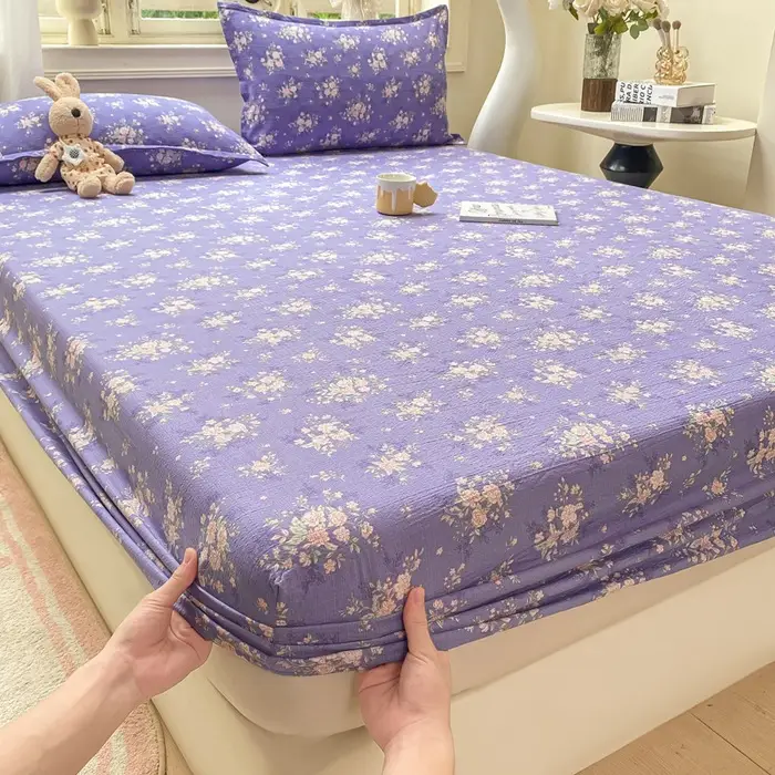 Class a Kapok Crinkled Gauze Double-Layer Gauze Fitted Sheet Mattress Protector Anti-Dirt Anti-Slip Protective Cover Single Piece Bed Cover Fitted Sheet Three-Piece Set