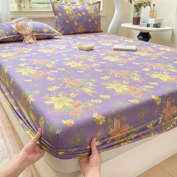 Class a Kapok Crinkled Gauze Double-Layer Gauze Fitted Sheet Mattress Protector Anti-Dirt Anti-Slip Protective Cover Single Piece Bed Cover Fitted Sheet Three-Piece Set