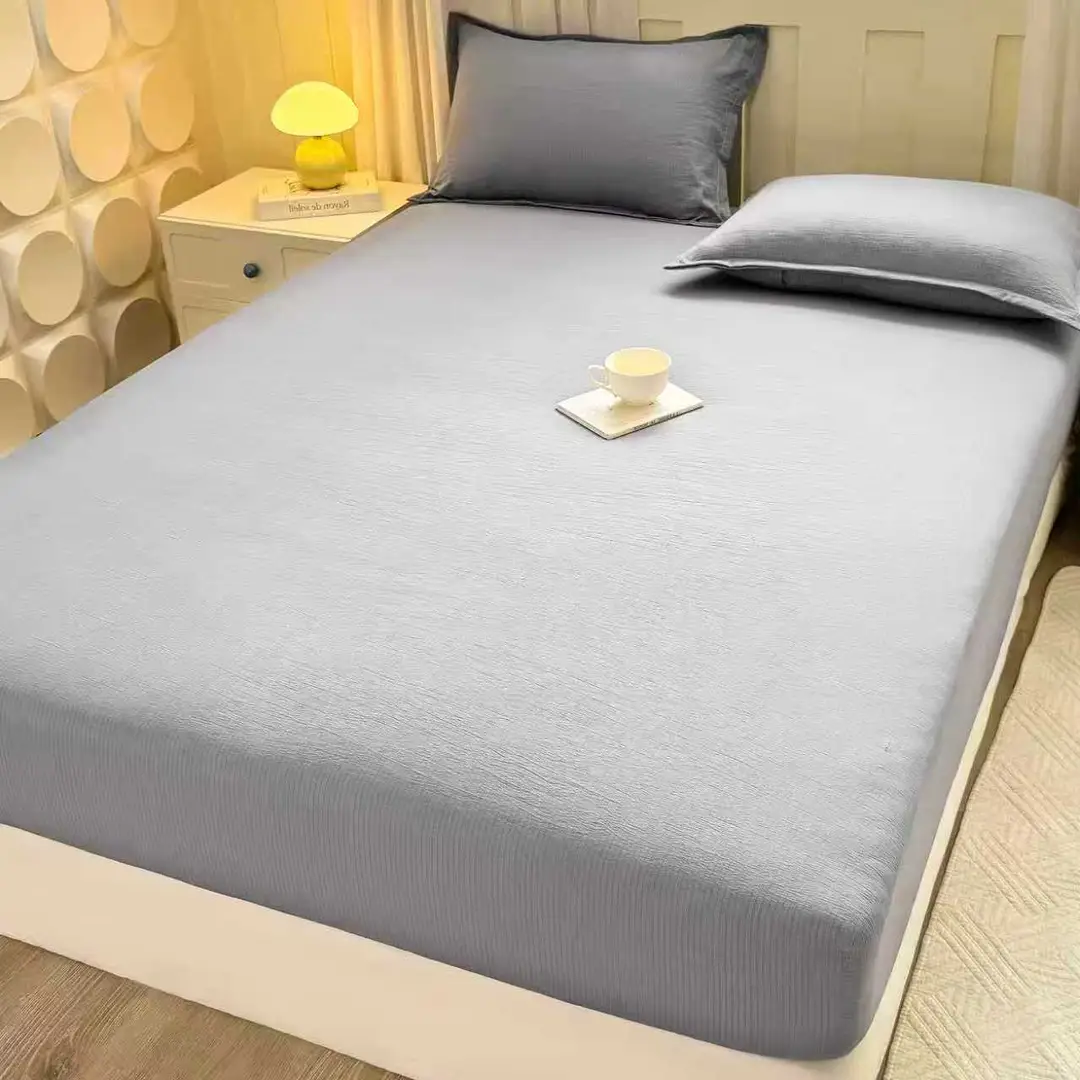 Class a Kapok Crinkled Gauze Double-Layer Gauze Fitted Sheet Mattress Protector Anti-Dirt Anti-Slip Protective Cover Single Piece Bed Cover Fitted Sheet Three-Piece Set