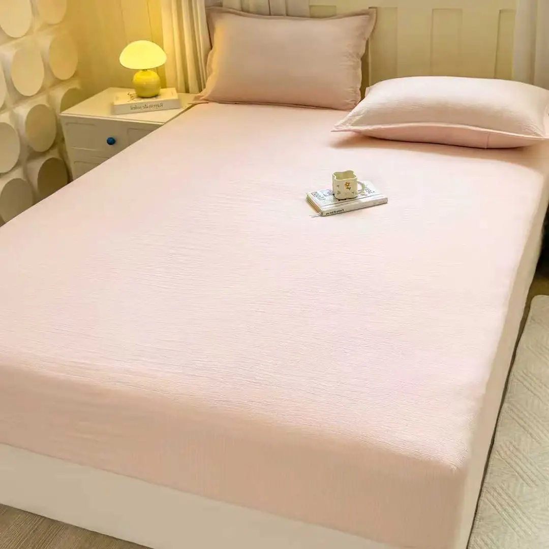 Class a Kapok Crinkled Gauze Double-Layer Gauze Fitted Sheet Mattress Protector Anti-Dirt Anti-Slip Protective Cover Single Piece Bed Cover Fitted Sheet Three-Piece Set