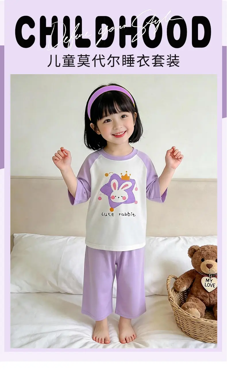Children's Modal Home Clothes, Three-Quarter Sleeve Pajamas Set, Boys and Girls Air-Conditioned Clothing Two-Piece Set — feature 1