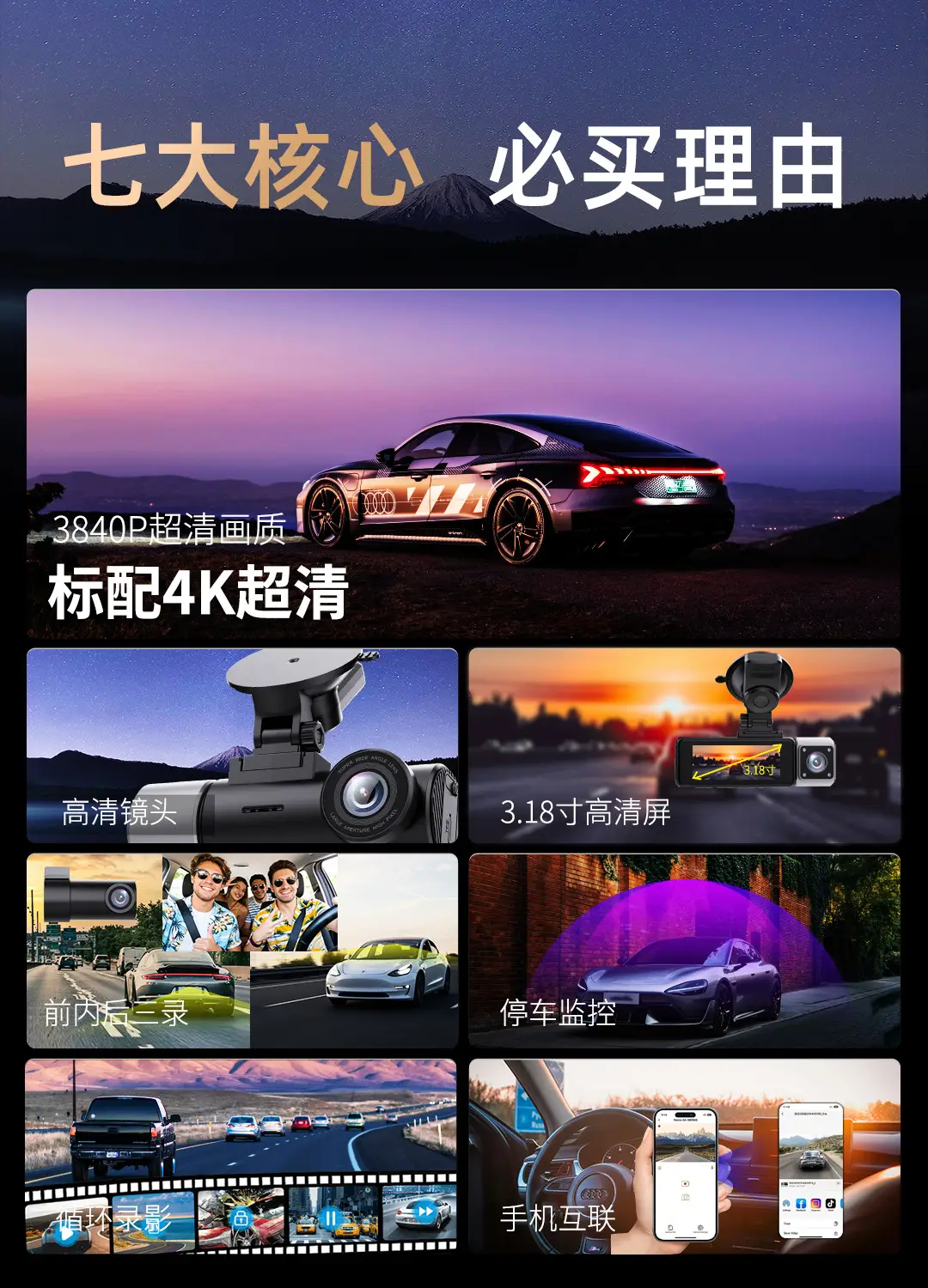 Cross-Border 2026 New Model High-Definition Three-Camera 4K Dashcam with Wifi Gps Lens Car Dashcam Customization — feature 6