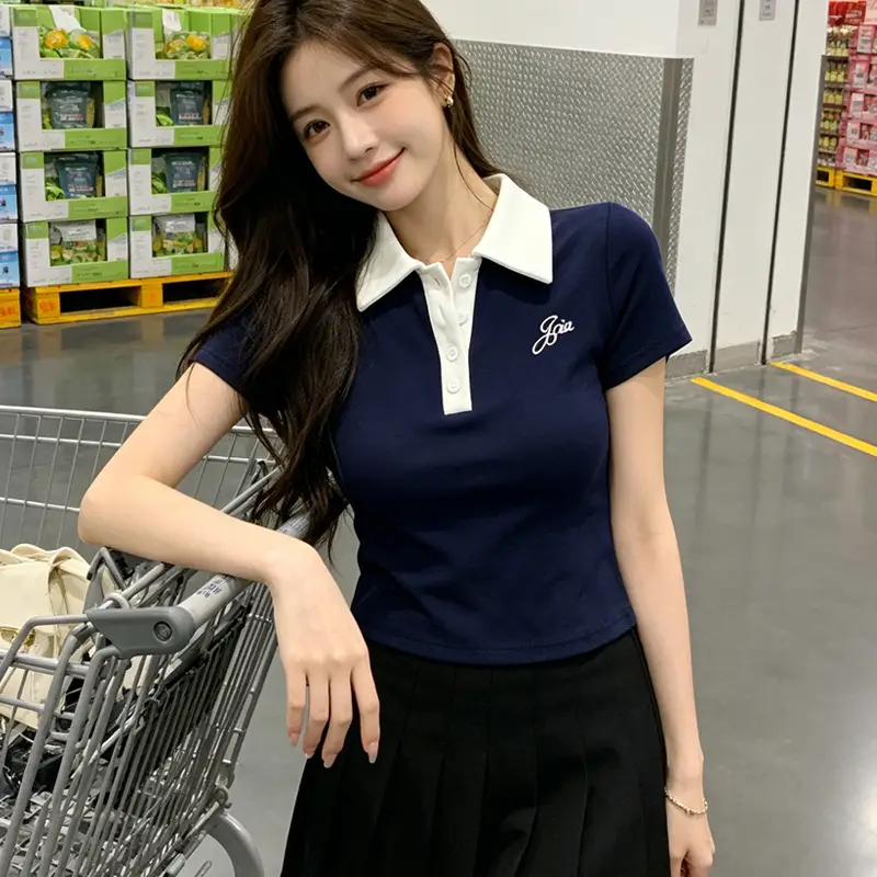 Polo Collar Short-Sleeve T-Shirt for Women, Summer Niche Design, College Style, Slim Fit, Waist-Cinching, Sweet and Spicy Girl Style, Embroidered
