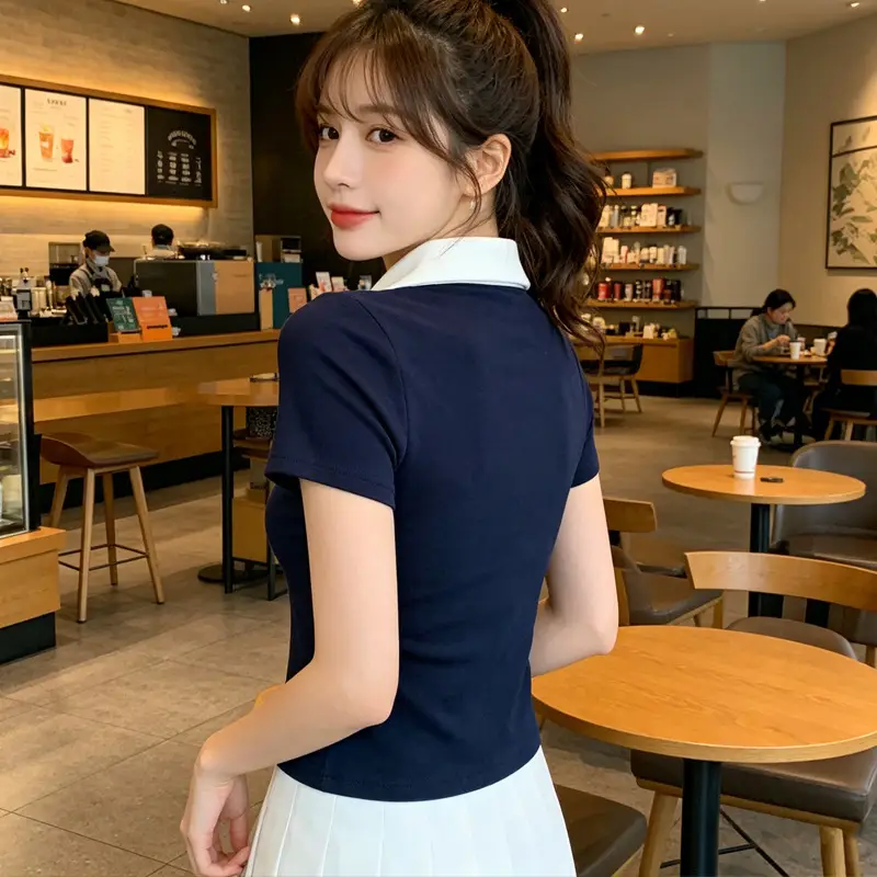 Polo Collar Short-Sleeve T-Shirt for Women, Summer Niche Design, College Style, Slim Fit, Waist-Cinching, Sweet and Spicy Girl Style, Embroidered
