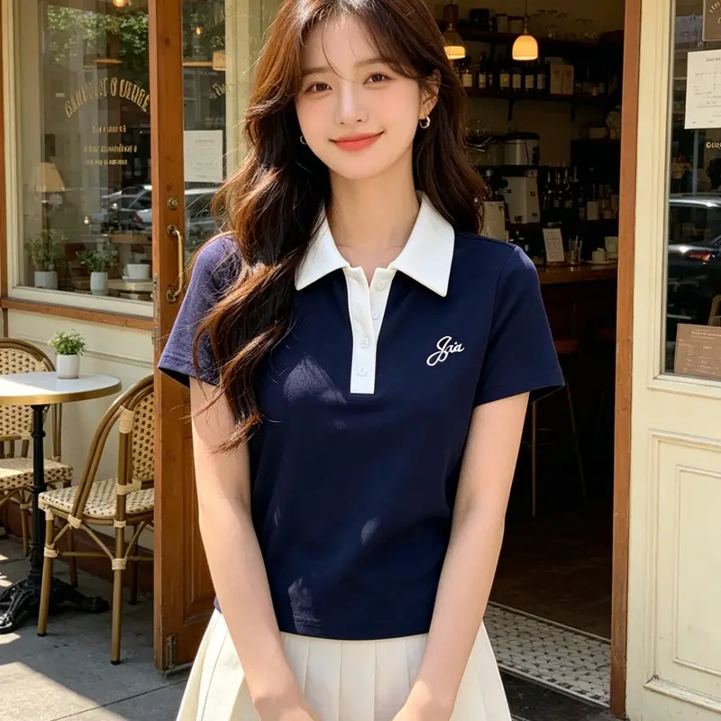 Polo Collar Short-Sleeve T-Shirt for Women, Summer Niche Design, College Style, Slim Fit, Waist-Cinching, Sweet and Spicy Girl Style, Embroidered