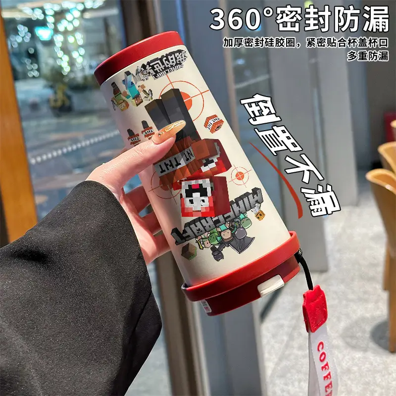 My World Insulated Cup 316 Stainless Steel Straw Water Bottle Simple Cube Cartoon Illustration Portable Dual-Use for Men — feature 6