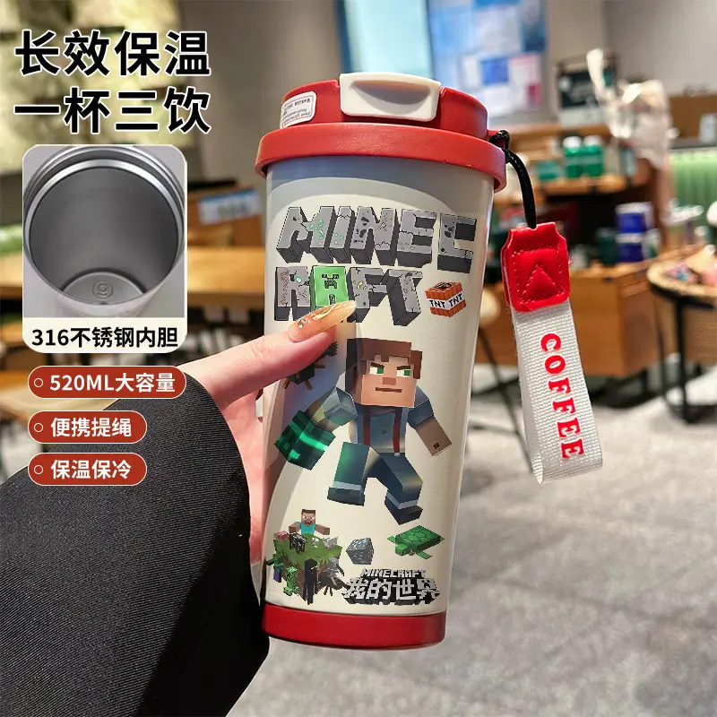 My World Insulated Cup 316 Stainless Steel Straw Water Bottle Simple Cube Cartoon Illustration Portable Dual-Use for Men - Image 13
