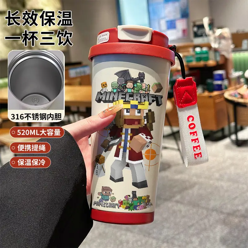 My World Insulated Cup 316 Stainless Steel Straw Water Bottle Simple Cube Cartoon Illustration Portable Dual-Use for Men - Image 14