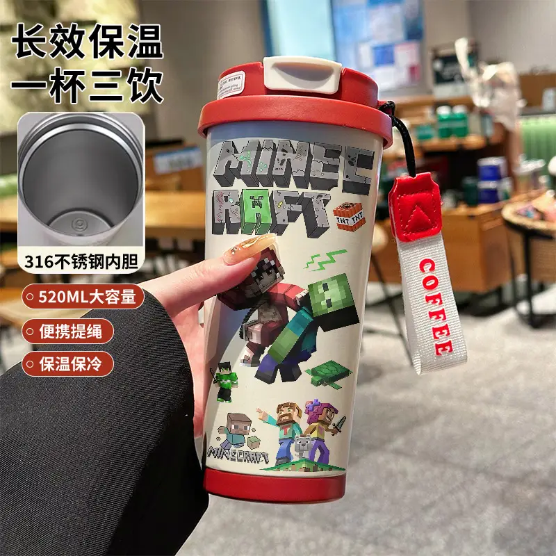 My World Insulated Cup 316 Stainless Steel Straw Water Bottle Simple Cube Cartoon Illustration Portable Dual-Use for Men - Image 15