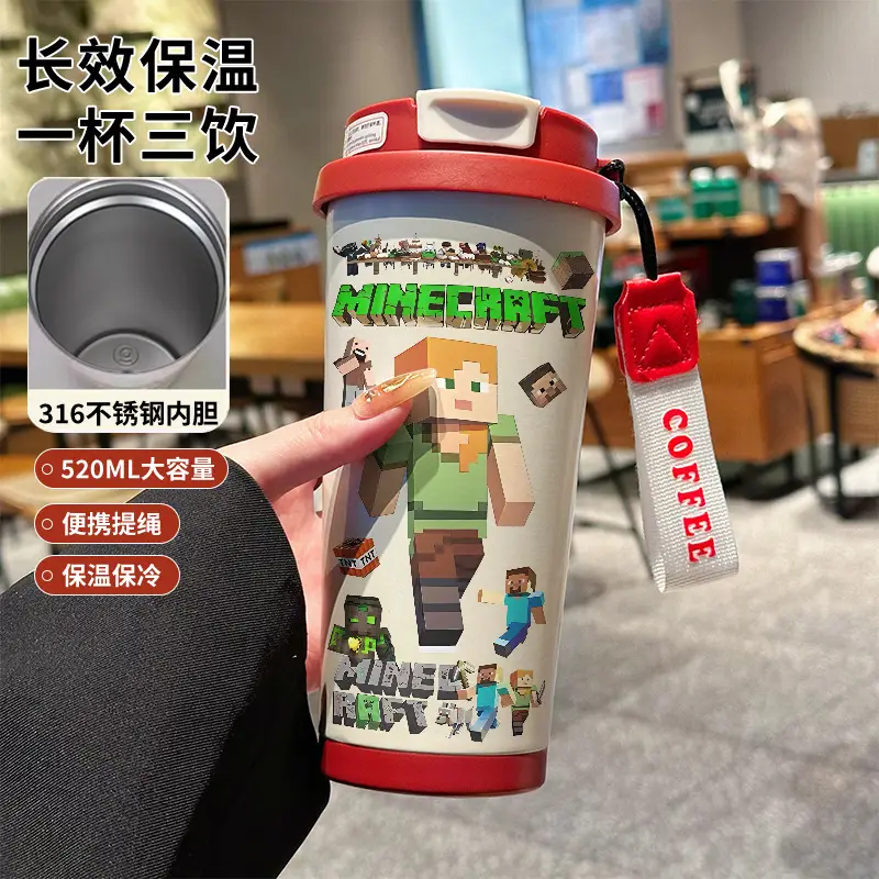 My World Insulated Cup 316 Stainless Steel Straw Water Bottle Simple Cube Cartoon Illustration Portable Dual-Use for Men - Image 16