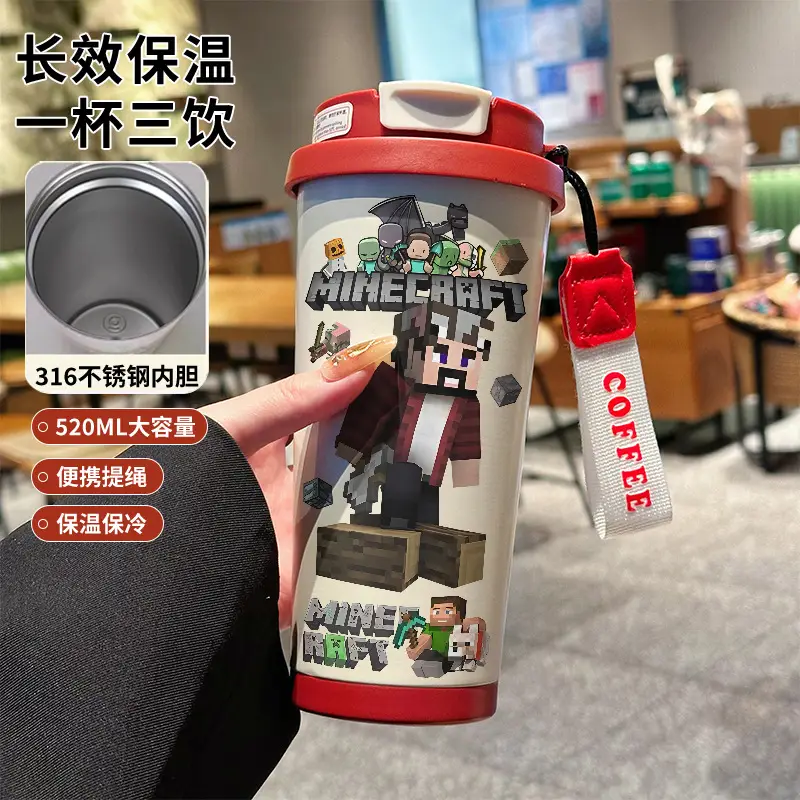 My World Insulated Cup 316 Stainless Steel Straw Water Bottle Simple Cube Cartoon Illustration Portable Dual-Use for Men - Image 17