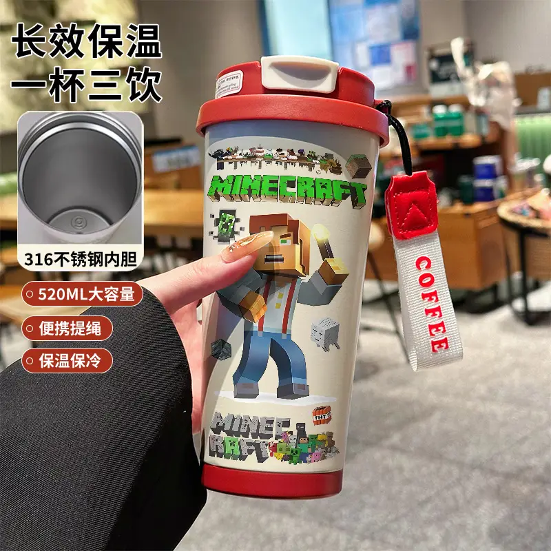 My World Insulated Cup 316 Stainless Steel Straw Water Bottle Simple Cube Cartoon Illustration Portable Dual-Use for Men - Image 19