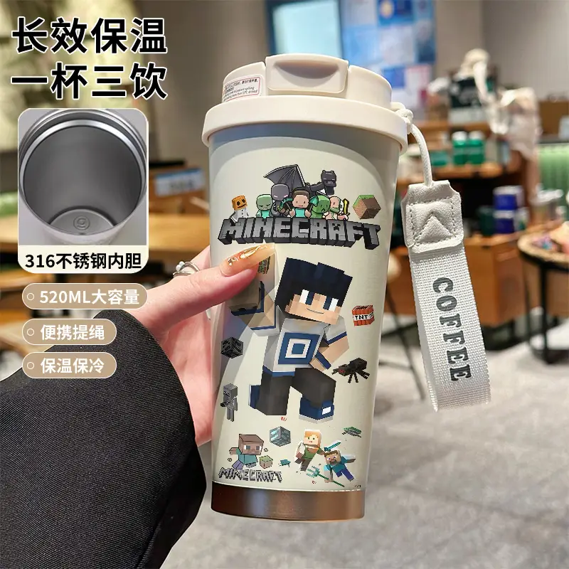 My World Insulated Cup 316 Stainless Steel Straw Water Bottle Simple Cube Cartoon Illustration Portable Dual-Use for Men - Image 2