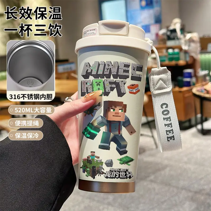 My World Insulated Cup 316 Stainless Steel Straw Water Bottle Simple Cube Cartoon Illustration Portable Dual-Use for Men - Image 3