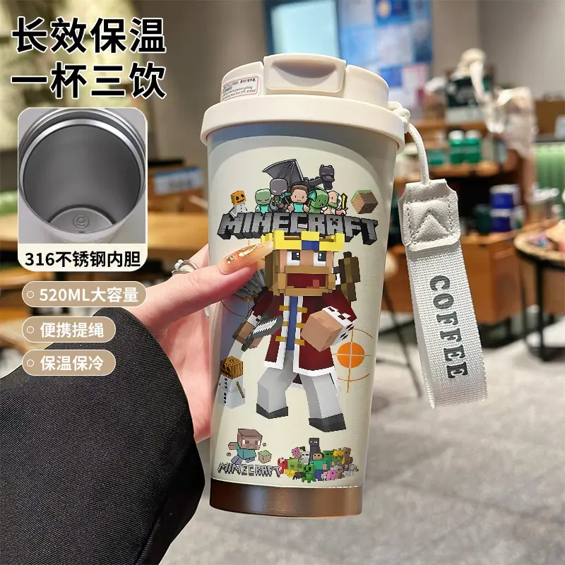 My World Insulated Cup 316 Stainless Steel Straw Water Bottle Simple Cube Cartoon Illustration Portable Dual-Use for Men - Image 4