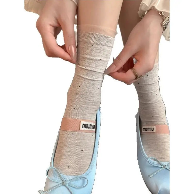 Miu White Polka Dot Socks for Women, Mid-Calf Socks, Spring and Autumn Style, Pure Cotton Lace, Summer Thin Ballet Style Slouch Socks