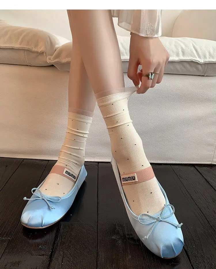 Miu White Polka Dot Socks for Women, Mid-Calf Socks, Spring and Autumn Style, Pure Cotton Lace, Summer Thin Ballet Style Slouch Socks — feature 10