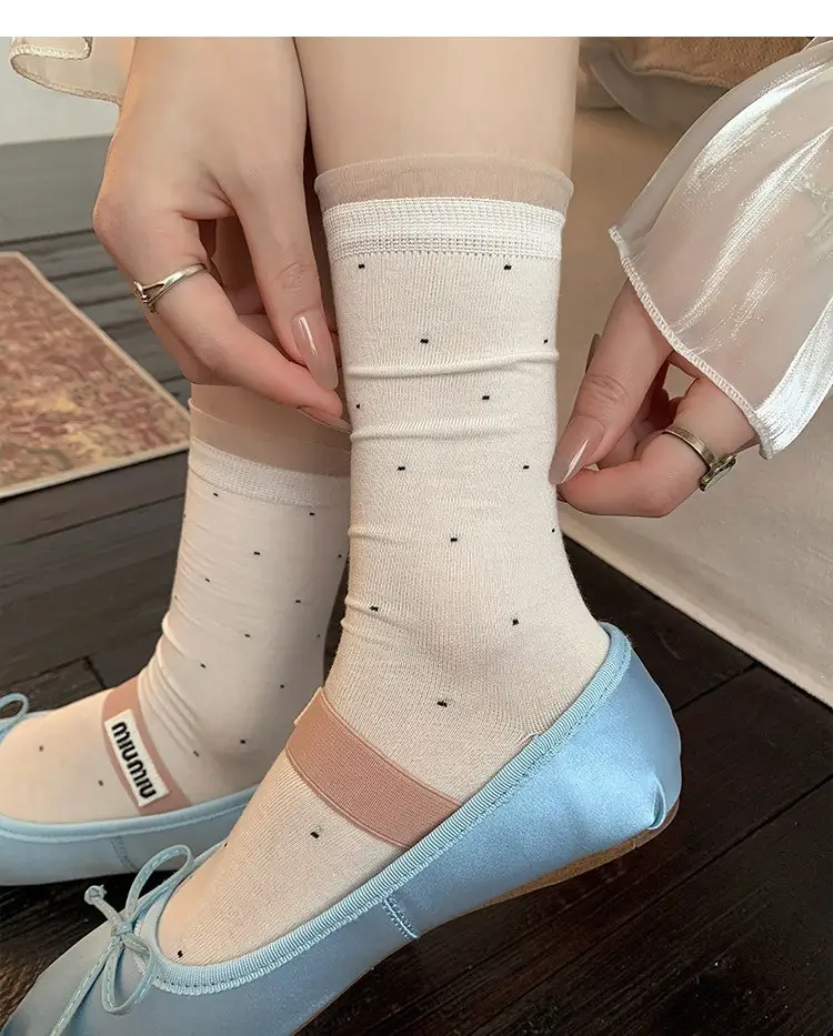 Miu White Polka Dot Socks for Women, Mid-Calf Socks, Spring and Autumn Style, Pure Cotton Lace, Summer Thin Ballet Style Slouch Socks — feature 11