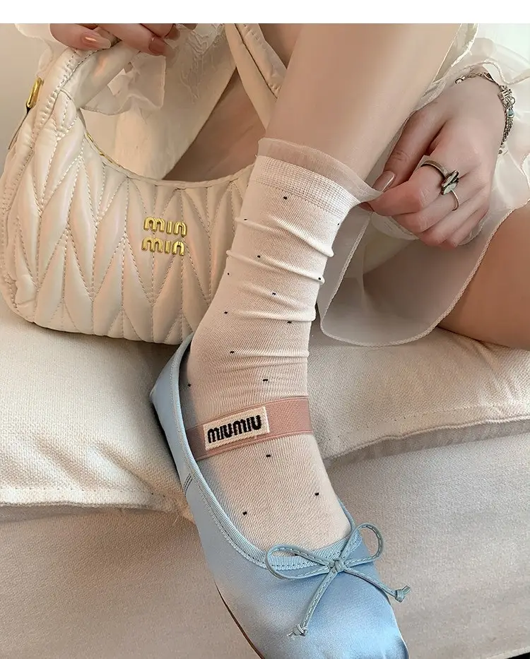 Miu White Polka Dot Socks for Women, Mid-Calf Socks, Spring and Autumn Style, Pure Cotton Lace, Summer Thin Ballet Style Slouch Socks — feature 12