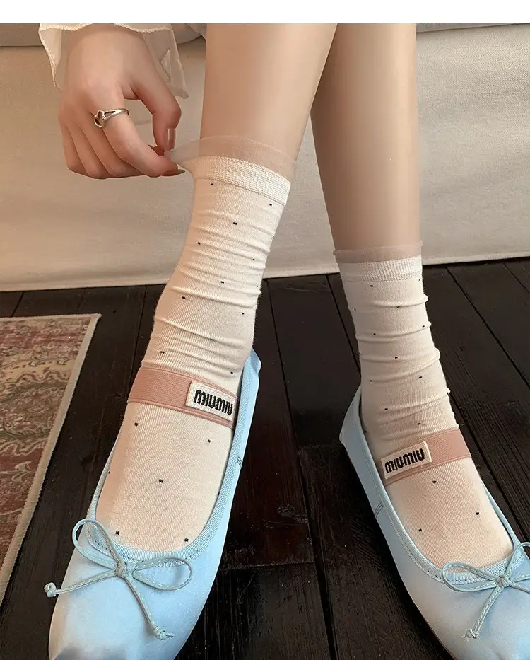 Miu White Polka Dot Socks for Women, Mid-Calf Socks, Spring and Autumn Style, Pure Cotton Lace, Summer Thin Ballet Style Slouch Socks — feature 13