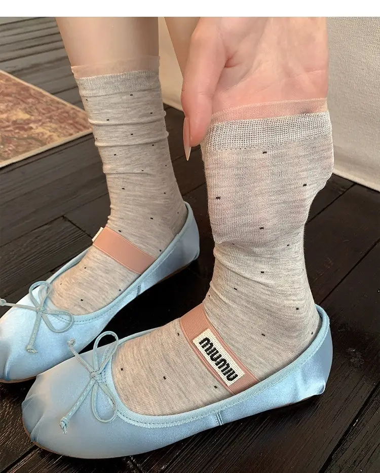 Miu White Polka Dot Socks for Women, Mid-Calf Socks, Spring and Autumn Style, Pure Cotton Lace, Summer Thin Ballet Style Slouch Socks — feature 2