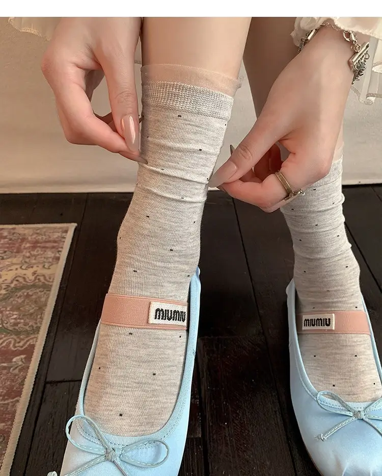Miu White Polka Dot Socks for Women, Mid-Calf Socks, Spring and Autumn Style, Pure Cotton Lace, Summer Thin Ballet Style Slouch Socks — feature 3
