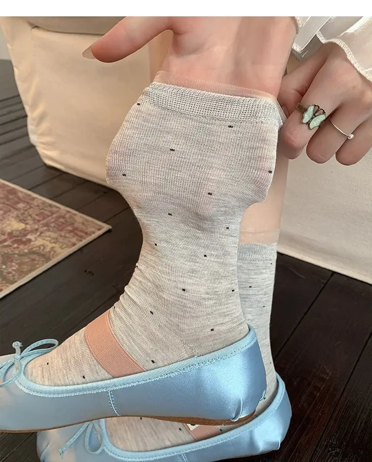 Miu White Polka Dot Socks for Women, Mid-Calf Socks, Spring and Autumn Style, Pure Cotton Lace, Summer Thin Ballet Style Slouch Socks — feature 5