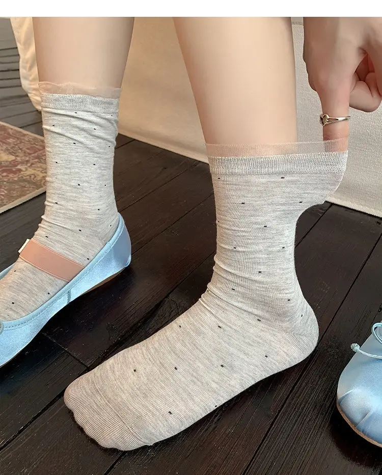 Miu White Polka Dot Socks for Women, Mid-Calf Socks, Spring and Autumn Style, Pure Cotton Lace, Summer Thin Ballet Style Slouch Socks — feature 6