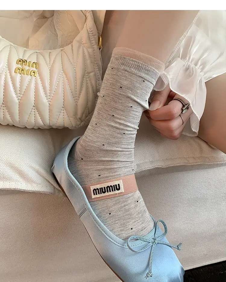 Miu White Polka Dot Socks for Women, Mid-Calf Socks, Spring and Autumn Style, Pure Cotton Lace, Summer Thin Ballet Style Slouch Socks — feature 7