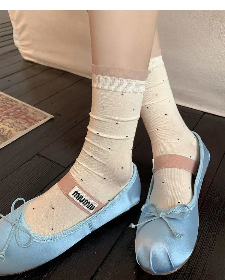 Miu White Polka Dot Socks for Women, Mid-Calf Socks, Spring and Autumn Style, Pure Cotton Lace, Summer Thin Ballet Style Slouch Socks — feature 8