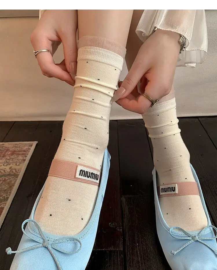 Miu White Polka Dot Socks for Women, Mid-Calf Socks, Spring and Autumn Style, Pure Cotton Lace, Summer Thin Ballet Style Slouch Socks — feature 9