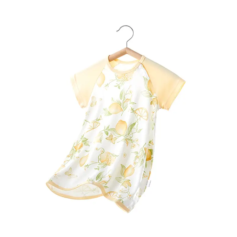 Children's Summer Thin Pajamas, Girls' Short-Sleeve Two-Way Sleep Sack, Baby Nightgown, Bamboo Cotton Loungewear, One-Piece Air-Conditioning Suit