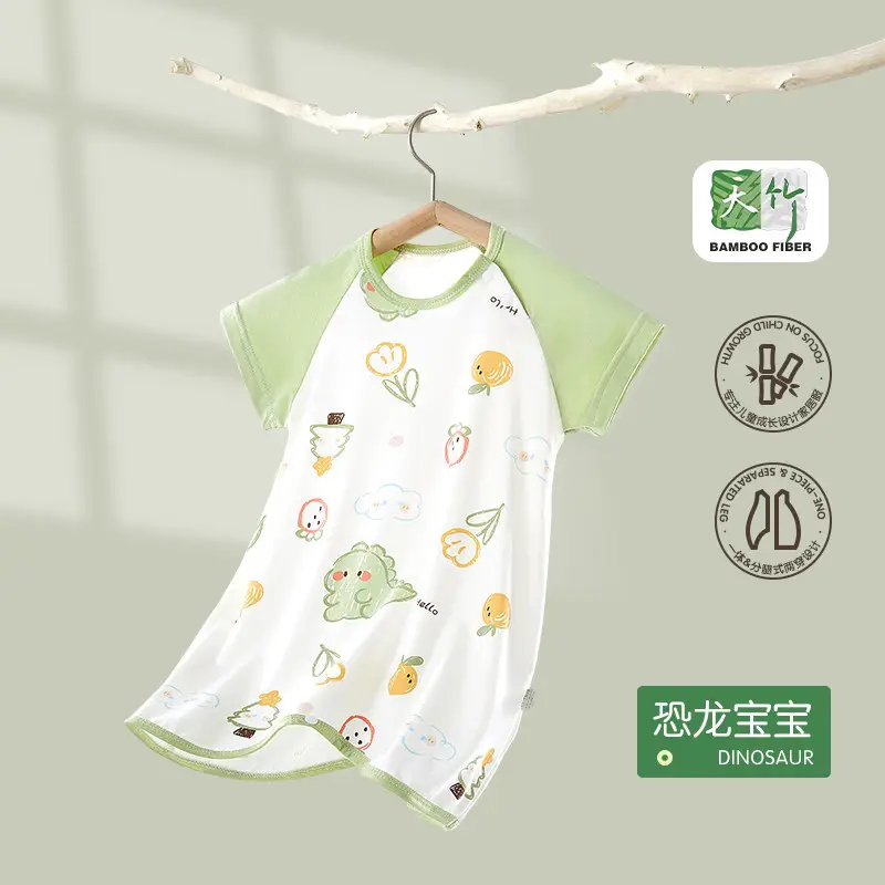 Children's Summer Thin Pajamas, Girls' Short-Sleeve Two-Way Sleep Sack, Baby Nightgown, Bamboo Cotton Loungewear, One-Piece Air-Conditioning Suit