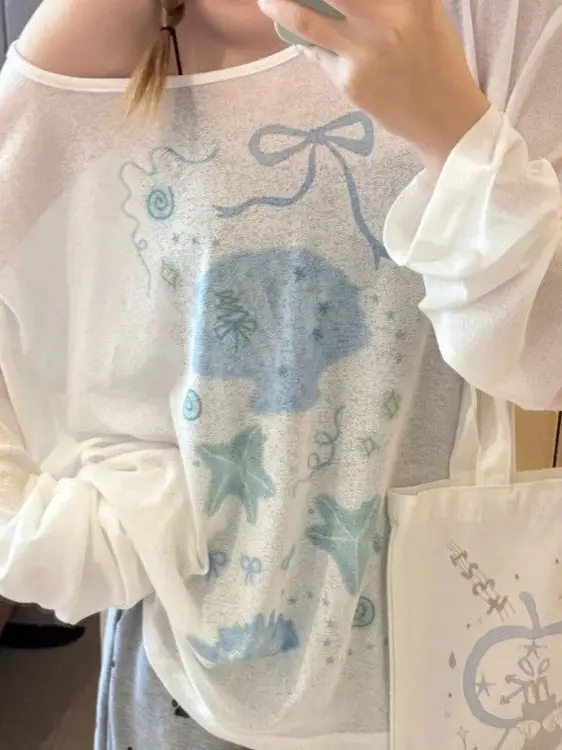 Sun Protection Cover-Up Long-Sleeve T-Shirt for Women, Unique Print, Summer Design, Stylish, Cute, Loose Fit, Versatile, Thin Top