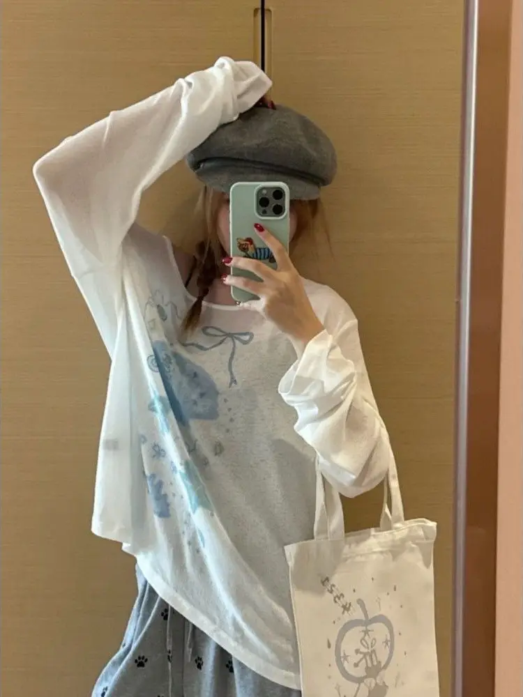 Sun Protection Cover-Up Long-Sleeve T-Shirt for Women, Unique Print, Summer Design, Stylish, Cute, Loose Fit, Versatile, Thin Top