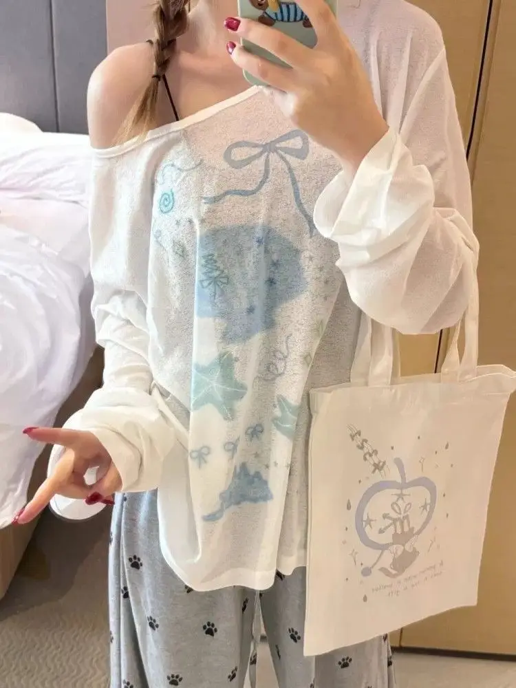 Sun Protection Cover-Up Long-Sleeve T-Shirt for Women, Unique Print, Summer Design, Stylish, Cute, Loose Fit, Versatile, Thin Top