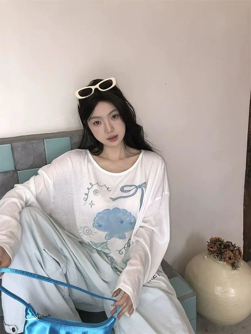Sun Protection Cover-Up Long-Sleeve T-Shirt for Women, Unique Print, Summer Design, Stylish, Cute, Loose Fit, Versatile, Thin Top — feature 20