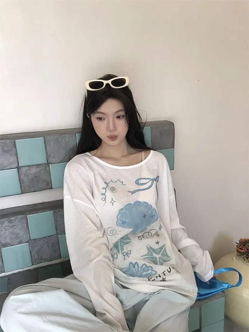 Sun Protection Cover-Up Long-Sleeve T-Shirt for Women, Unique Print, Summer Design, Stylish, Cute, Loose Fit, Versatile, Thin Top — feature 21