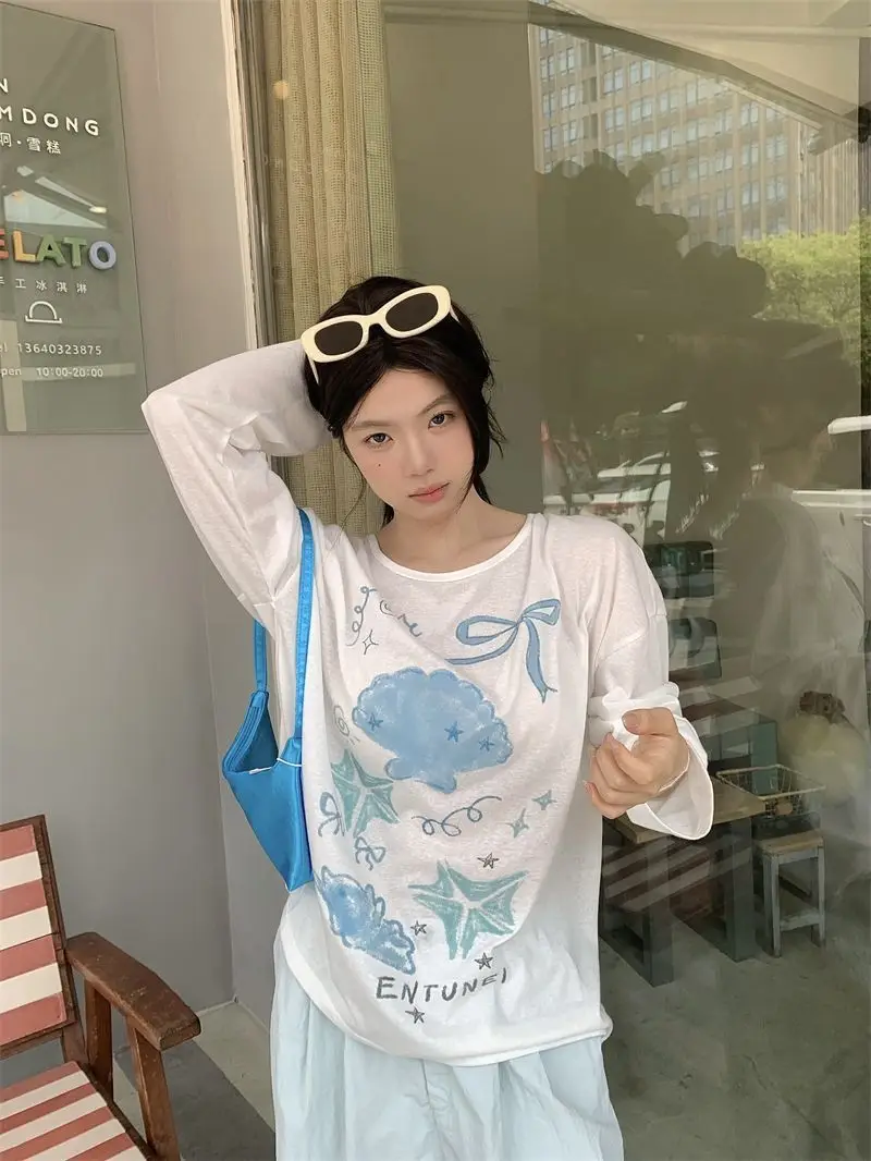 Sun Protection Cover-Up Long-Sleeve T-Shirt for Women, Unique Print, Summer Design, Stylish, Cute, Loose Fit, Versatile, Thin Top — feature 24