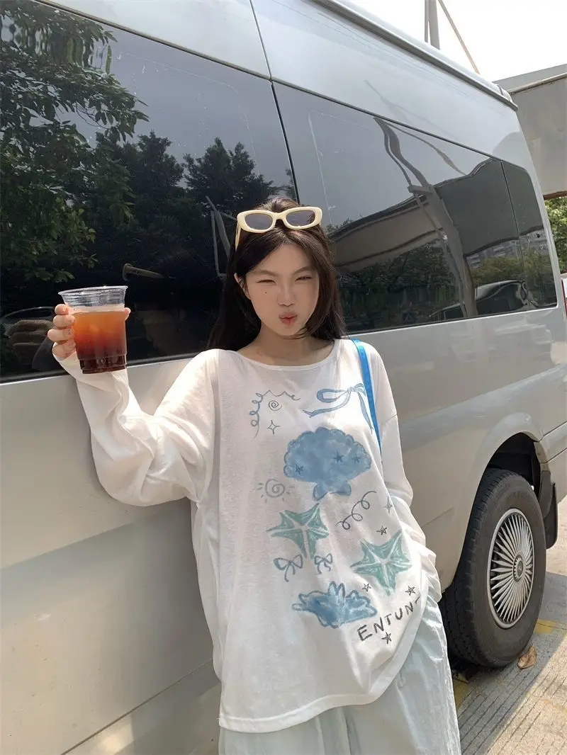 Sun Protection Cover-Up Long-Sleeve T-Shirt for Women, Unique Print, Summer Design, Stylish, Cute, Loose Fit, Versatile, Thin Top — feature 27