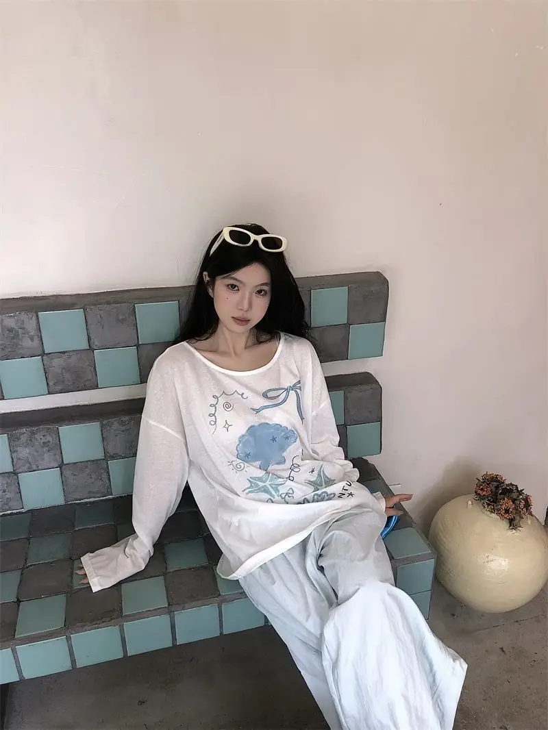 Sun Protection Cover-Up Long-Sleeve T-Shirt for Women, Unique Print, Summer Design, Stylish, Cute, Loose Fit, Versatile, Thin Top — feature 29