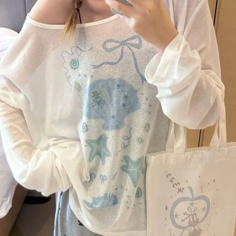 Sun Protection Cover-Up Long-Sleeve T-Shirt for Women, Unique Print, Summer Design, Stylish, Cute, Loose Fit, Versatile, Thin Top — feature 3