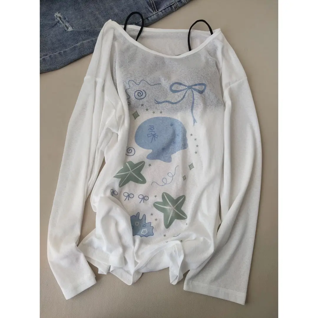 Sun Protection Cover-Up Long-Sleeve T-Shirt for Women, Unique Print, Summer Design, Stylish, Cute, Loose Fit, Versatile, Thin Top — feature 42