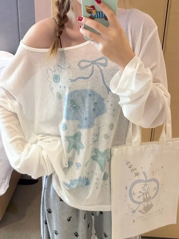 Sun Protection Cover-Up Long-Sleeve T-Shirt for Women, Unique Print, Summer Design, Stylish, Cute, Loose Fit, Versatile, Thin Top — feature 6