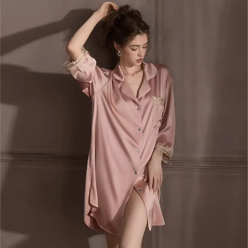 Silk Lace Sexy Nightgown Summer Women's Ice Silk New Style Boyfriend Style Loose Plus Size Loungewear