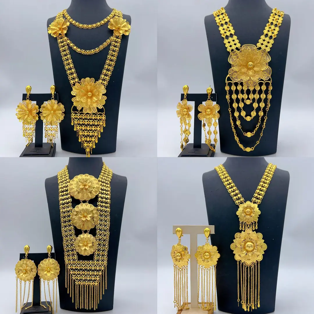Middle Eastern Arabic Cross-Border 24K Gold-Plated Hollow Flower Earrings and Necklace Set Dubai Bride Wedding Jewelry